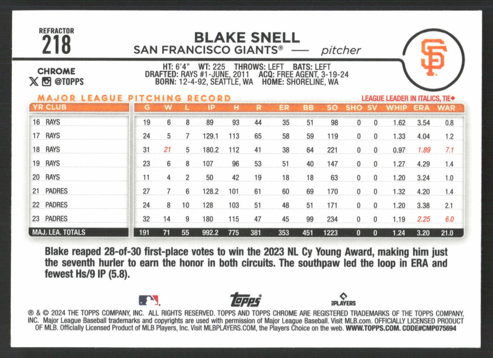 2024 Topps Chrome #218 Blake Snell Refractor