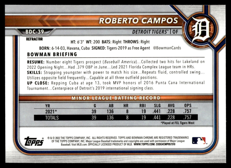 2022 Bowman Draft #BDC-39 Roberto Campos Chrome Refractor