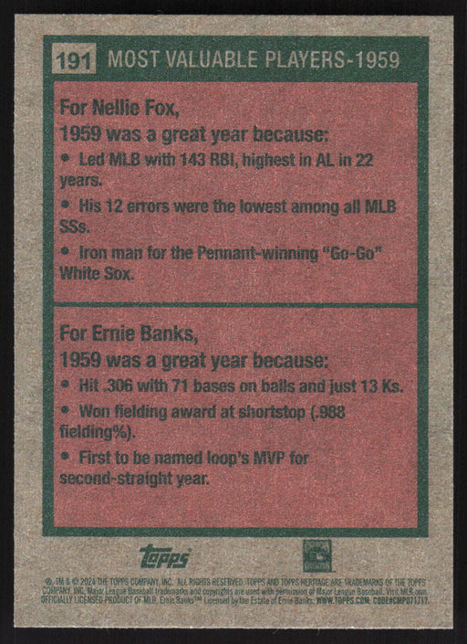 2024 Topps Heritage #191 1959 MVPs (Nellie Fox / Ernie Banks)