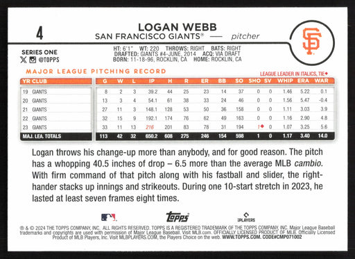 2024 Topps #4 Logan Webb Base