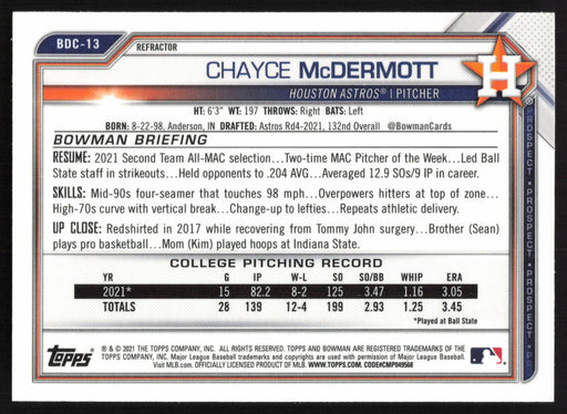 2021 Bowman Draft #BDC-13 Chayce McDermott Chrome Refractor