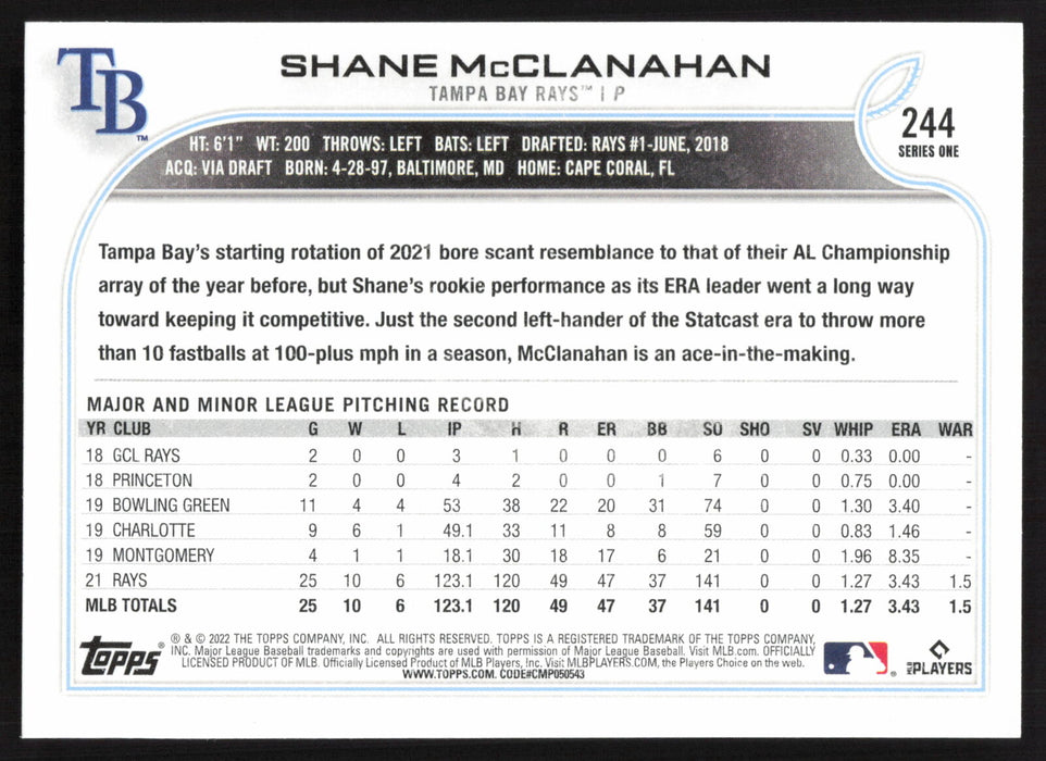 2022 Topps #244 Shane McClanahan Rainbow Foil