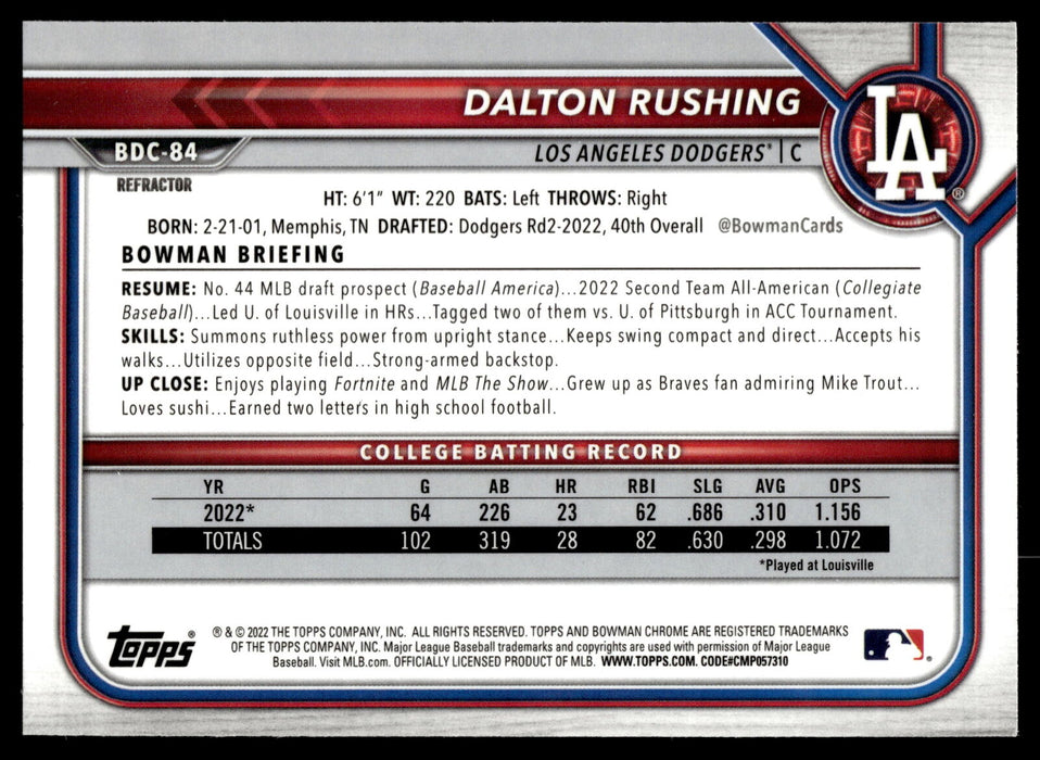 2022 Bowman Draft #BDC-84 Dalton Rushing Chrome Refractor