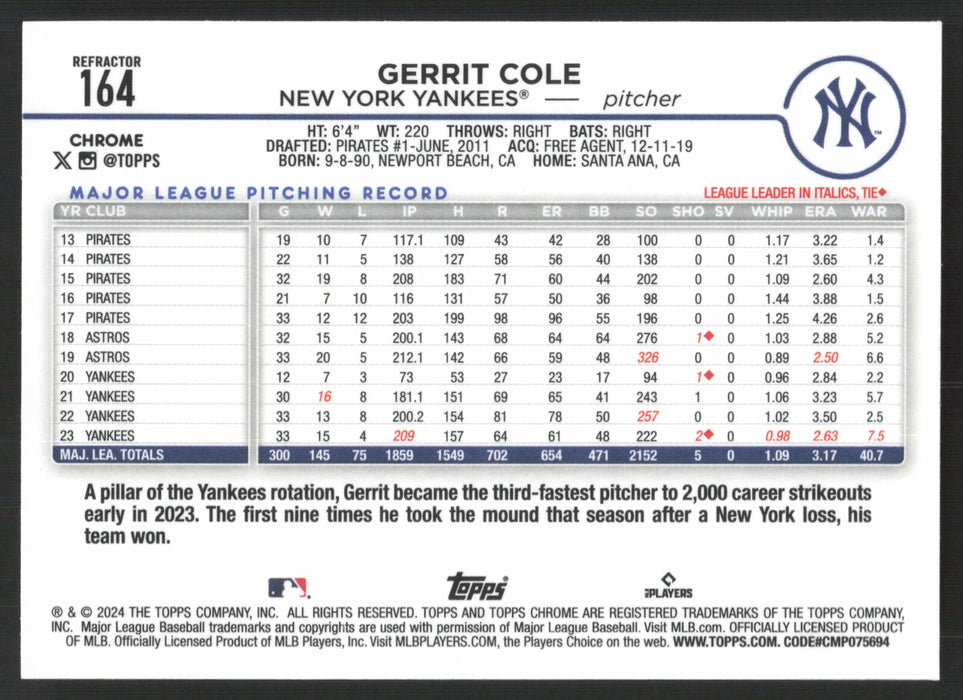 2024 Topps Chrome #164 Gerrit Cole Refractor