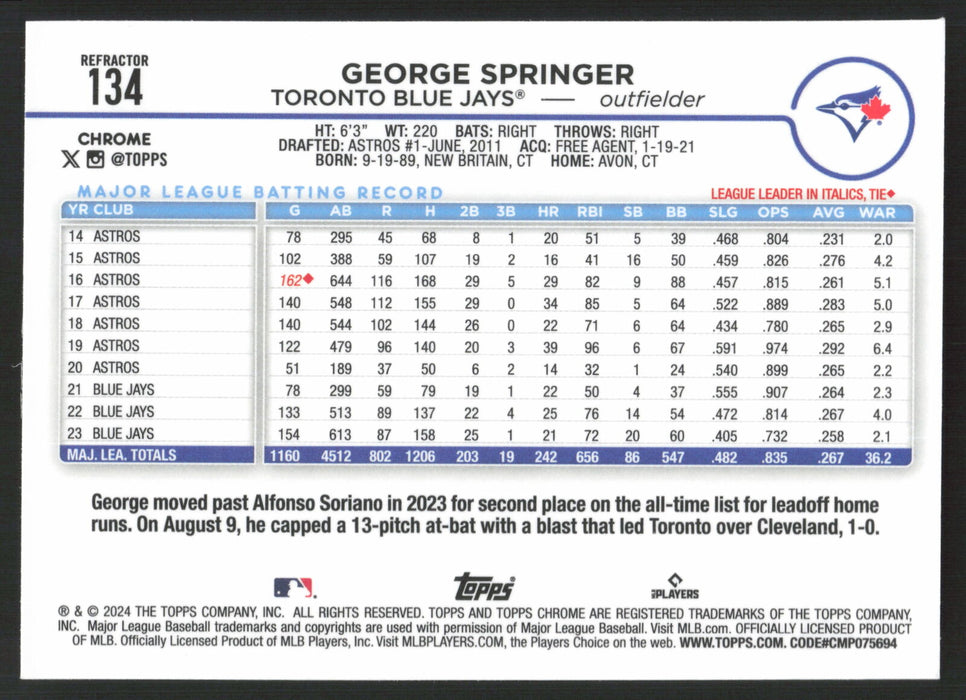 2024 Topps Chrome #134 George Springer Refractor