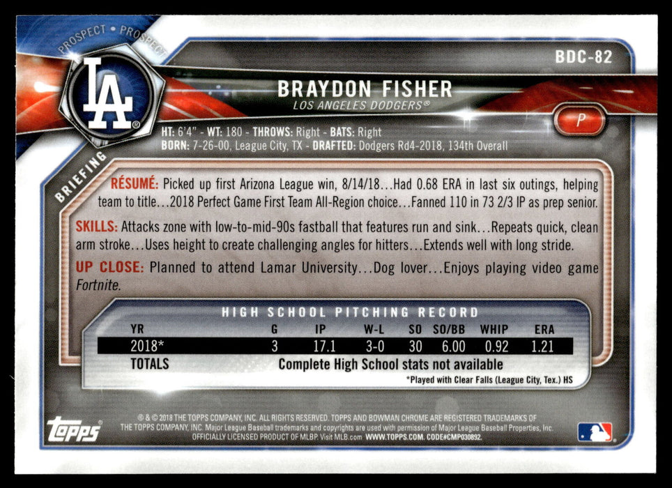 2018 Bowman Draft #BDC-82 Braydon Fisher Chrome