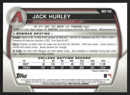 2023 Bowman Draft #BDC-162 Jack Hurley Chrome Sky Blue Refractor