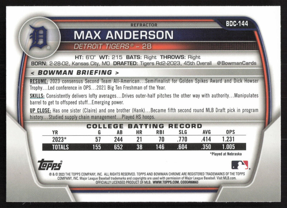 2023 Bowman Draft #BDC-144 Max Anderson Chrome Refractor