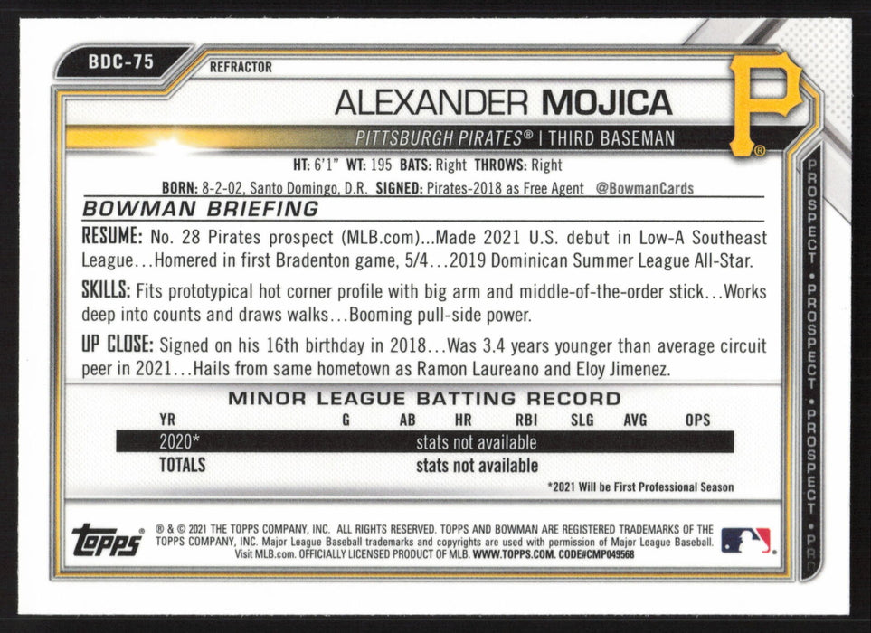 2021 Bowman Draft #BDC-75 Alexander Mojica Chrome Refractor