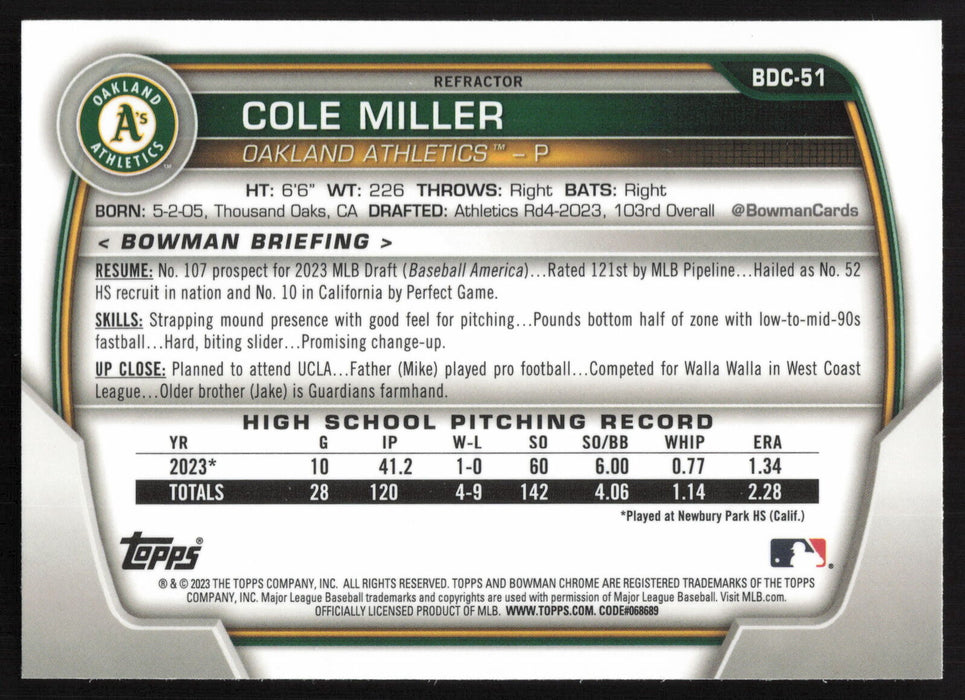 2023 Bowman Draft #BDC-51 Cole Miller Chrome Refractor