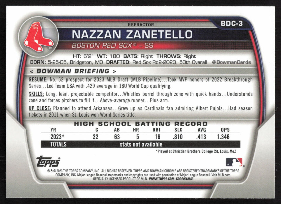 2023 Bowman Draft #BDC-3 Nazzan Zanetello Chrome Refractor