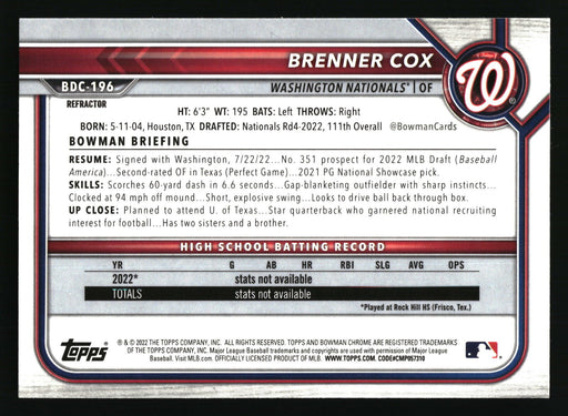 2022 Bowman Draft #BDC-196 Brenner Cox Chrome Refractor