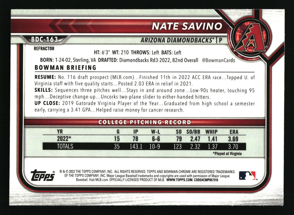 2022 Bowman Draft #BDC-163 Nate Savino Chrome Refractor