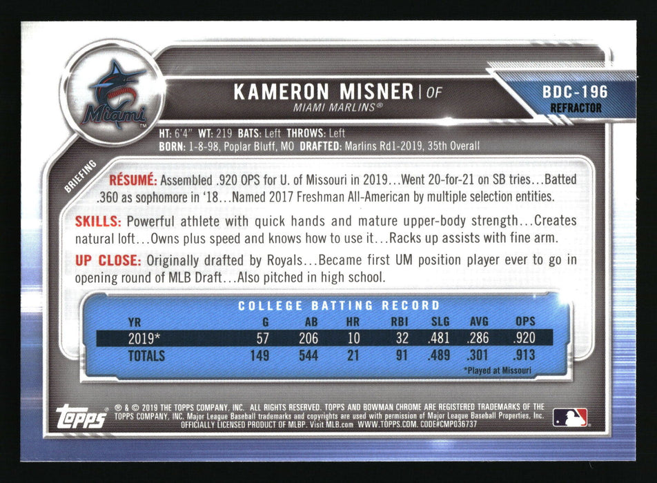 2019 Bowman Draft #BDC-196 Kameron Misner Chrome Refractor #/50