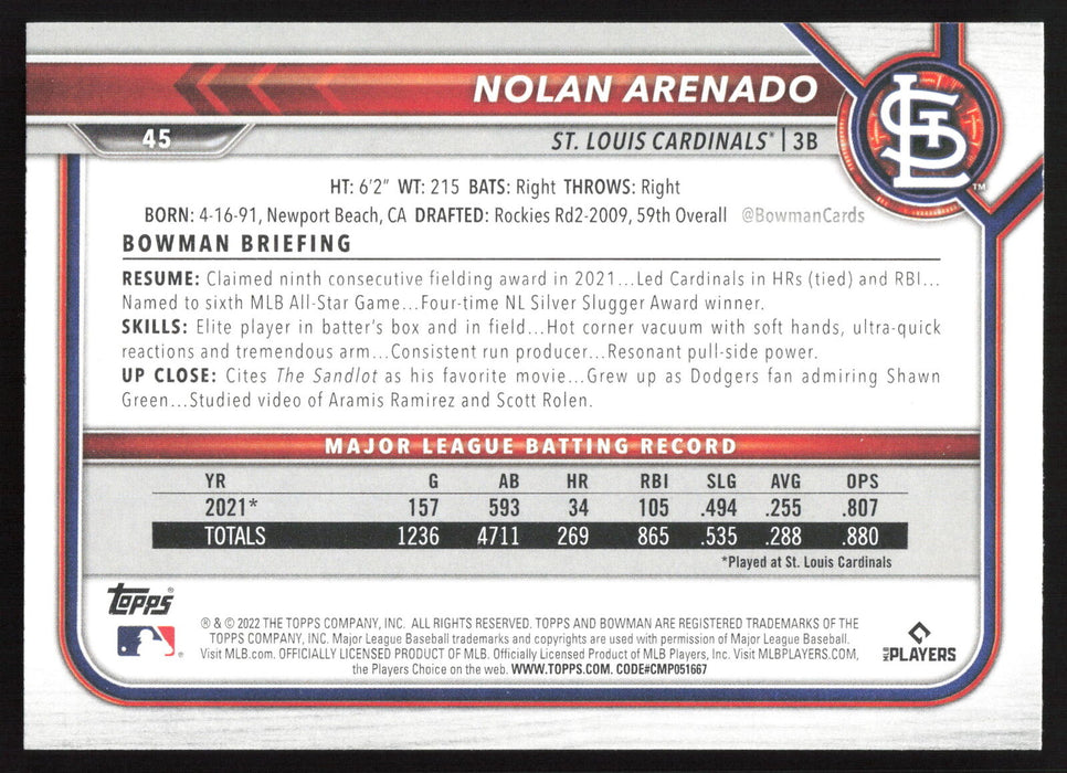 2022 Bowman #45 Nolan Arenado Base