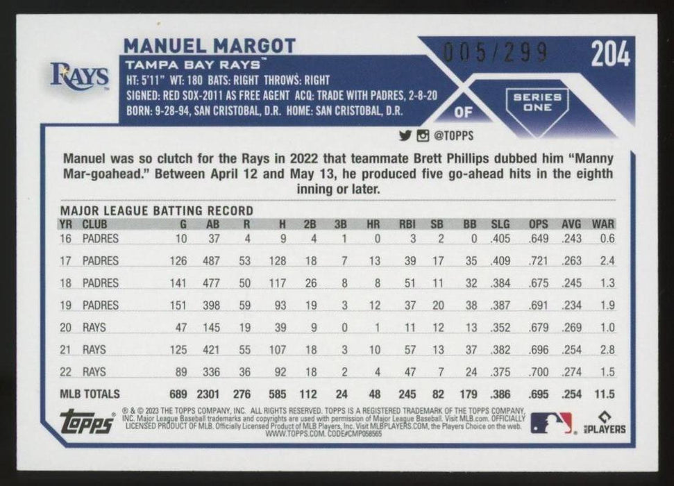 2023 Topps #204 Manuel Margot Orange Foil #/299