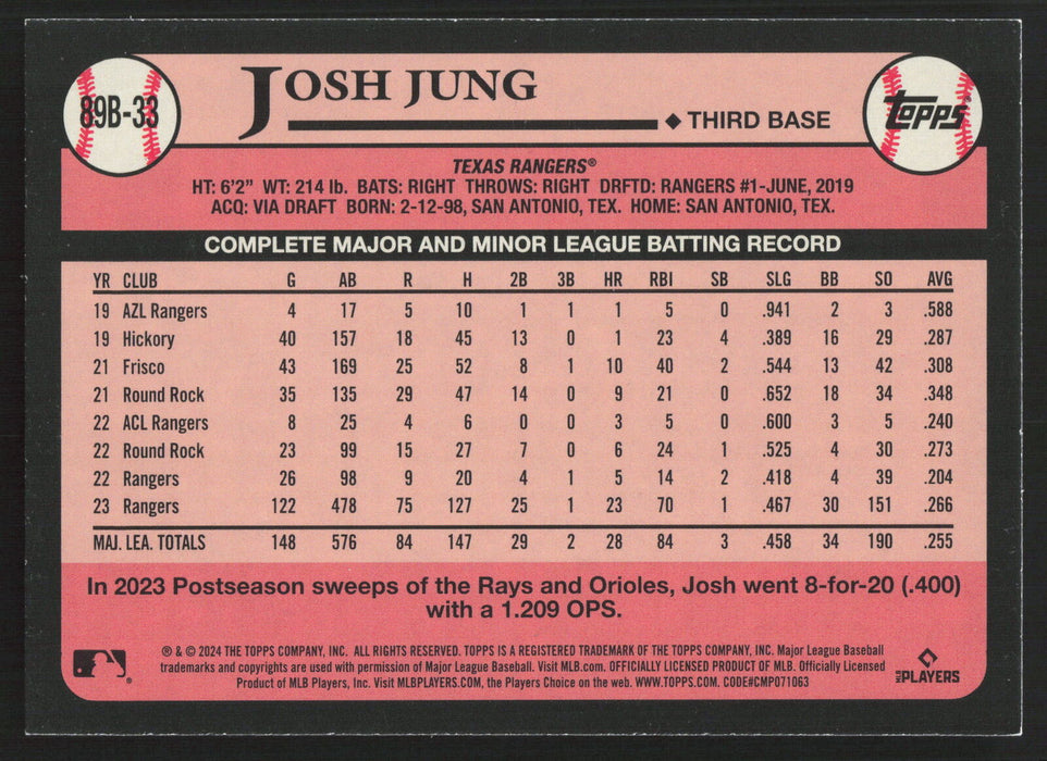 2024 Topps #89B-33 Josh Jung 1989 Topps Baseball 35th Anniversary