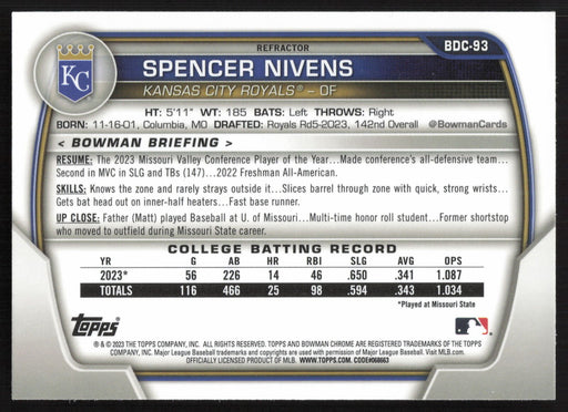 2023 Bowman Draft #BDC-93 Spencer Nivens Chrome Refractor