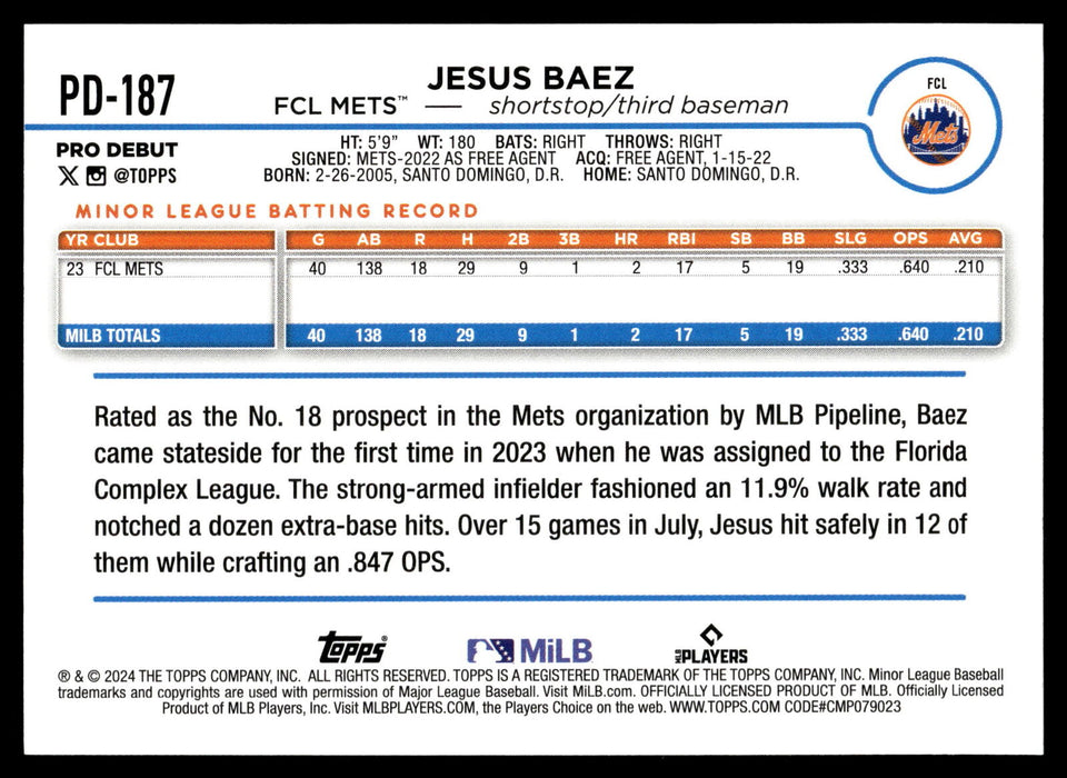 2024 Topps Pro Debut #PD-187 Jesus Baez