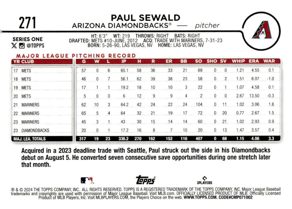 2024 Topps #271 Paul Sewald Yellow