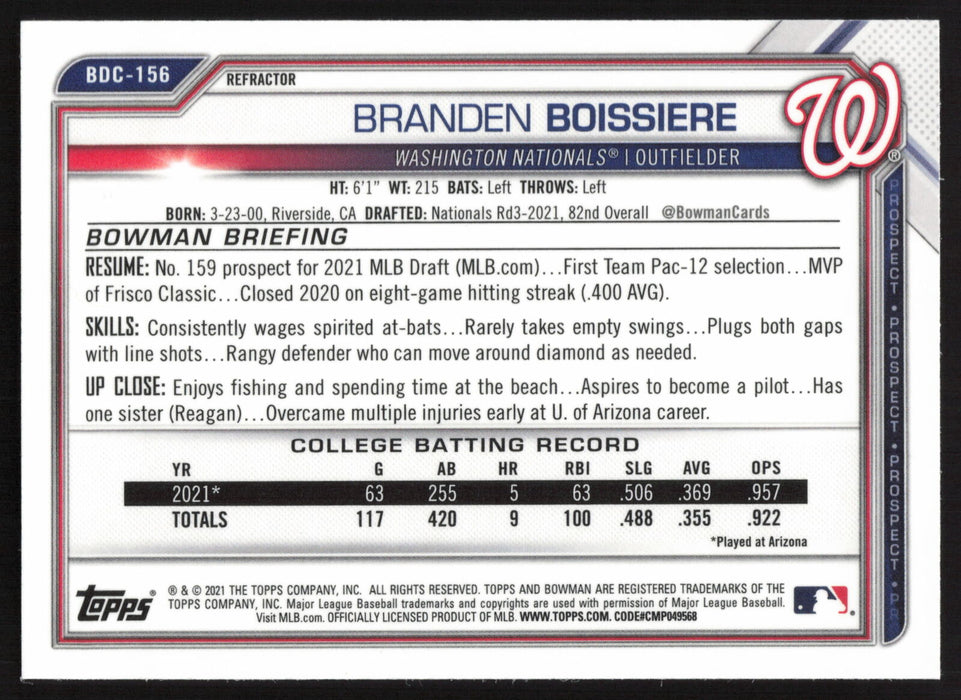 2021 Bowman Draft #BDC-156 Branden Boissiere Chrome Refractor