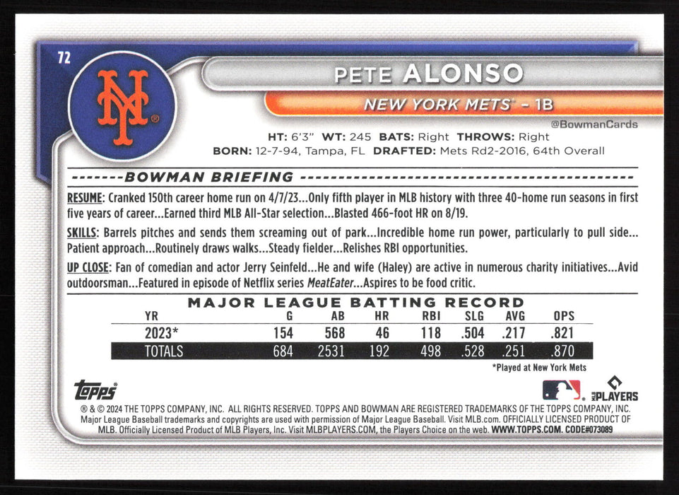 2024 Bowman #72 Pete Alonso Base