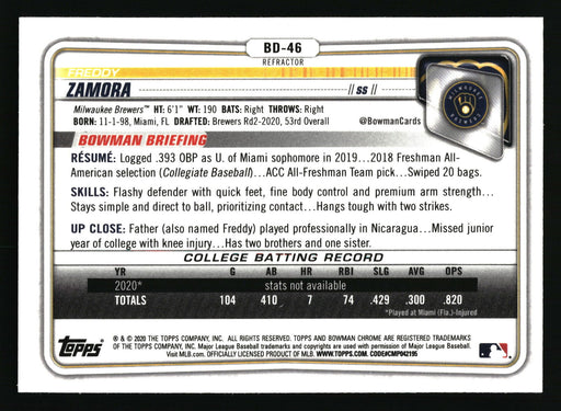 2020 Bowman Draft #BD-46 Freddy Zamora Chrome Refractor