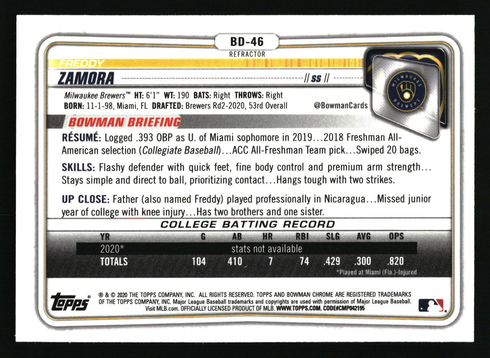 2020 Bowman Draft #BD-46 Freddy Zamora Chrome Refractor