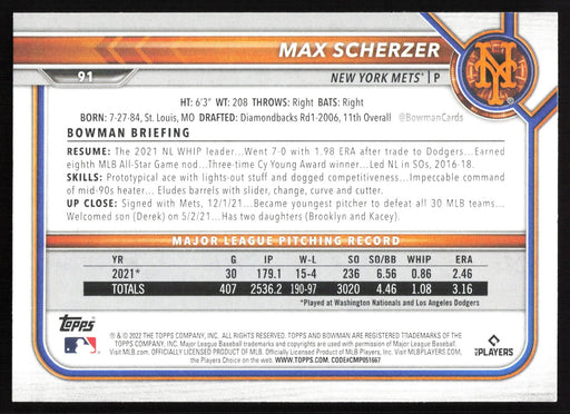 2022 Bowman #91 Max Scherzer