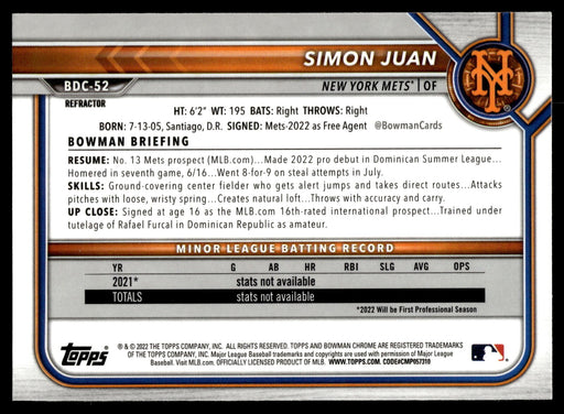 2022 Bowman Draft #BDC-52 Simon Juan Chrome Refractor