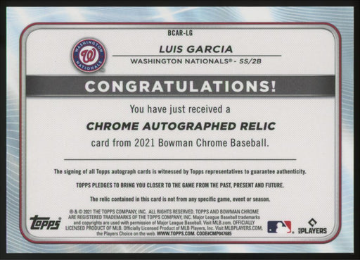 2021 Bowman Chrome #BCAR-LG Luis Garcia Autograph Relics #/130