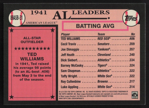 2024 Topps #89ASB-31 Ted Williams 1989 Topps Baseball All-Stars Foil