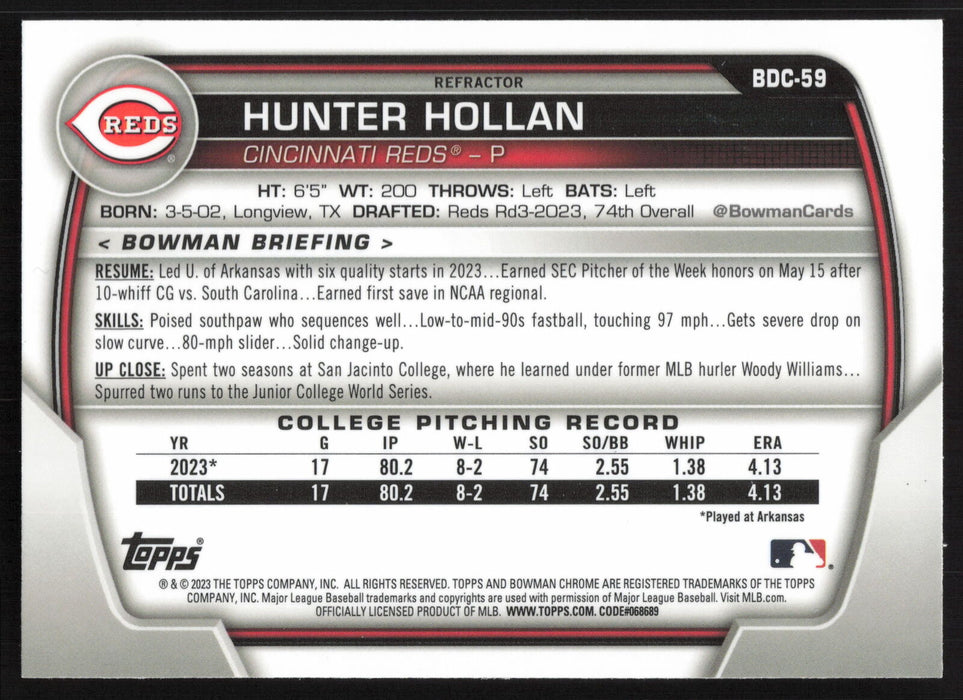 2023 Bowman Draft #BDC-59 Hunter Hollan Chrome Refractor