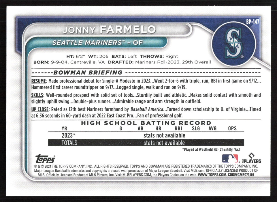 2024 Bowman #BP-147 Jonny Farmelo Base