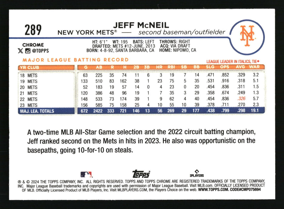 2024 Topps Chrome #289 Jeff McNeil Prism Refractor