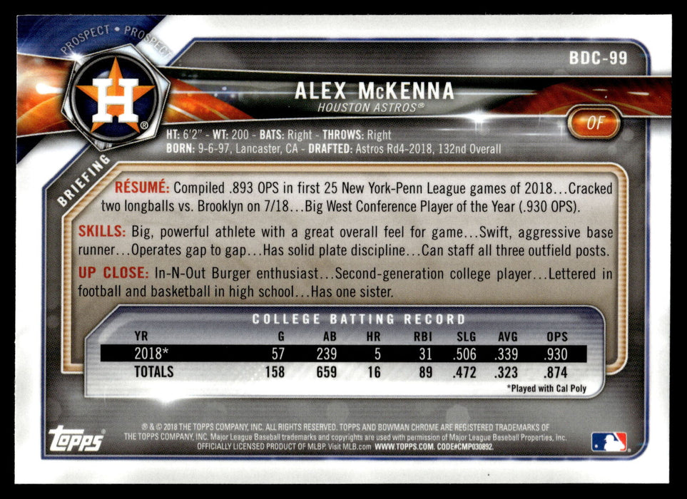 2018 Bowman Draft #BDC-99 Alex McKenna Chrome