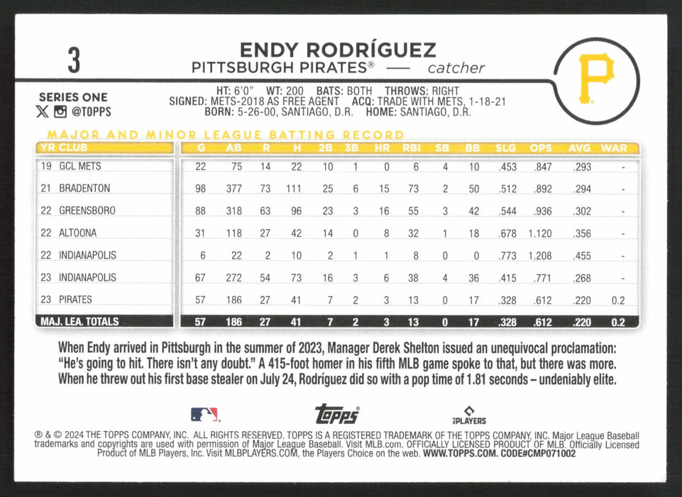 2024 Topps #3 Endy Rodríguez - 10 Card Player Lot - Rookie Card