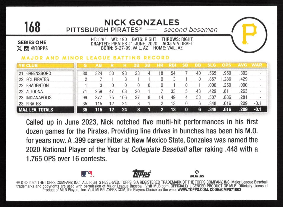 2024 Topps #168 Nick Gonzales - 5 Card Player Lot - Rookie Card