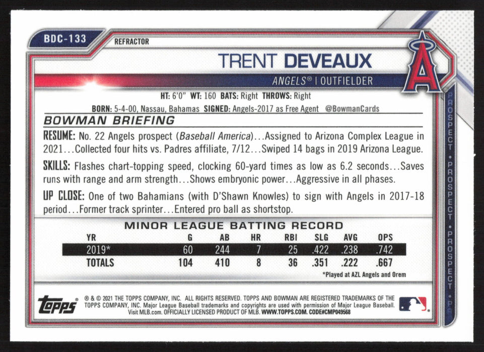 2021 Bowman Draft #BDC-133 Trent Deveaux Chrome Refractor