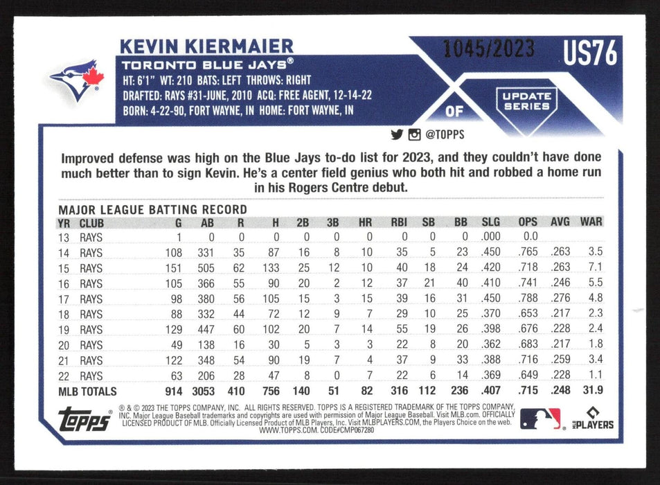 2023 Topps Update #US76 Kevin Kiermaier Gold #/2023