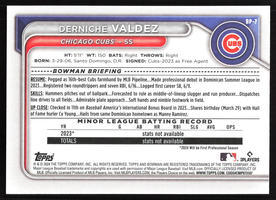 2024 Bowman #BP-7 Derniche Valdez Base