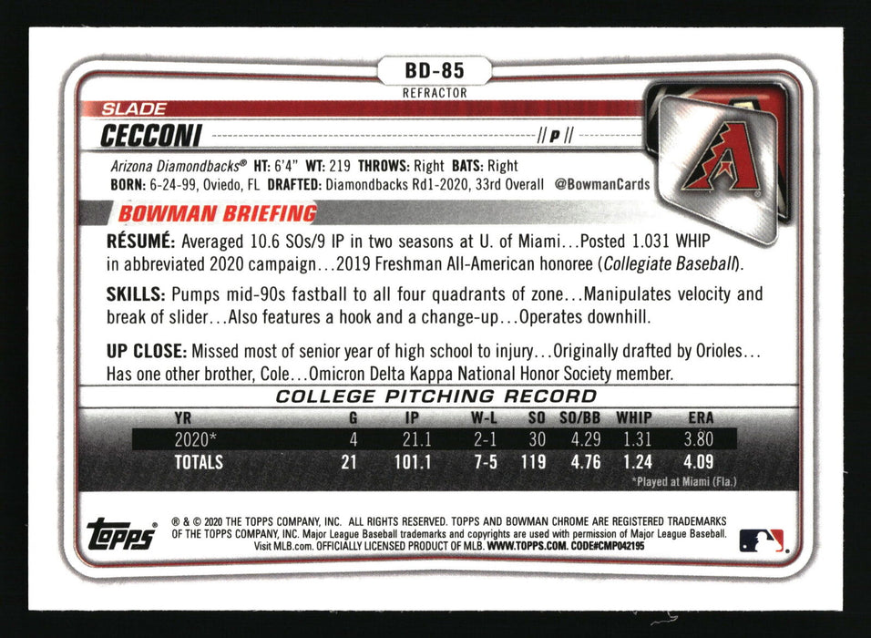 2020 Bowman Draft #BD-85 Slade Cecconi Chrome Refractor