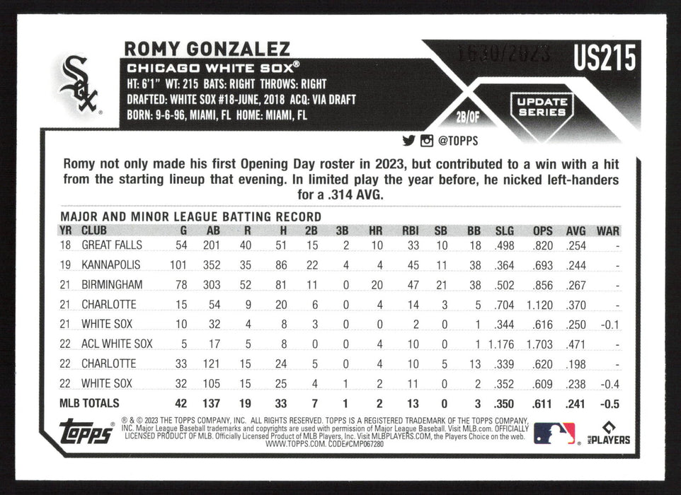 2023 Topps Update #US215 Romy Gonzalez Gold #/2023