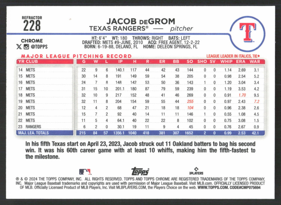 2024 Topps Chrome #228 Jacob deGrom Refractor