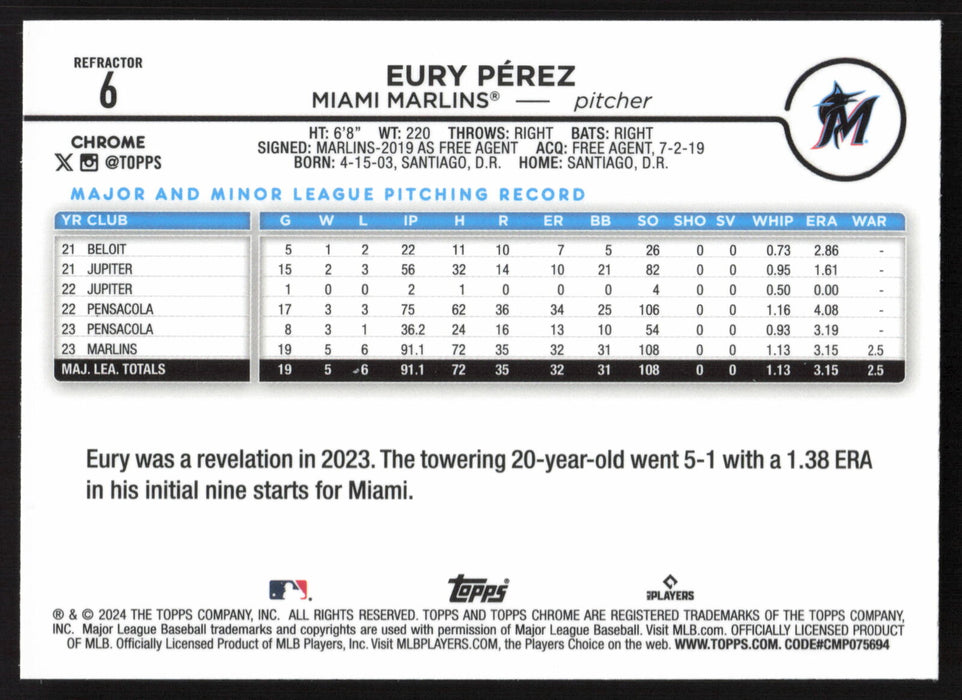 2024 Topps Chrome #6 Eury Pérez Refractor