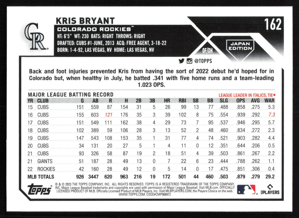 2023 Topps Japan Edition #162 Kris Bryant