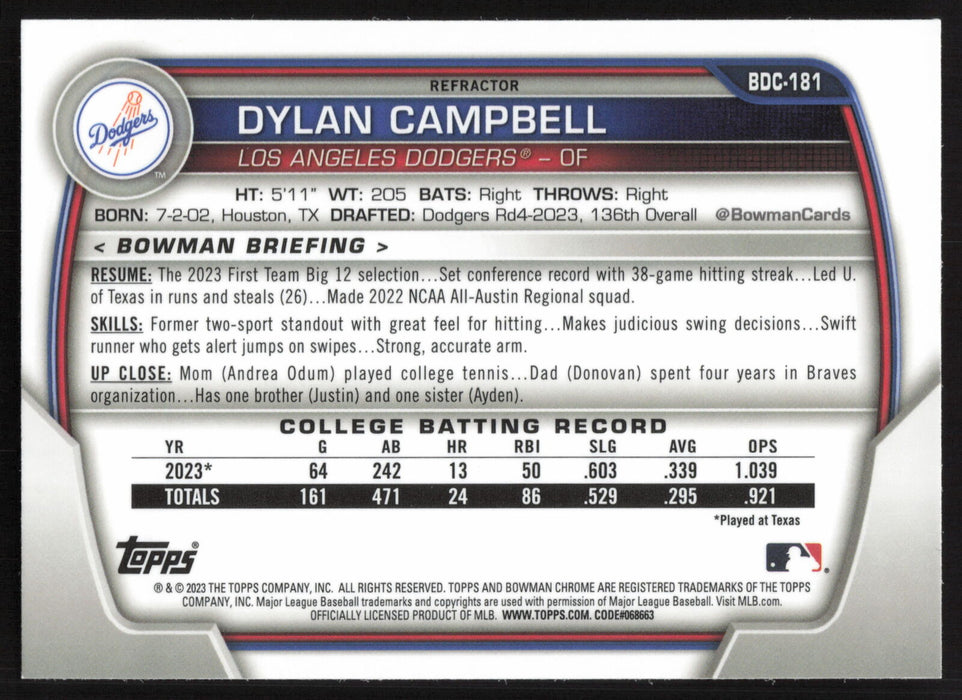 2023 Bowman Draft #BDC-181 Dylan Campbell Chrome Refractor