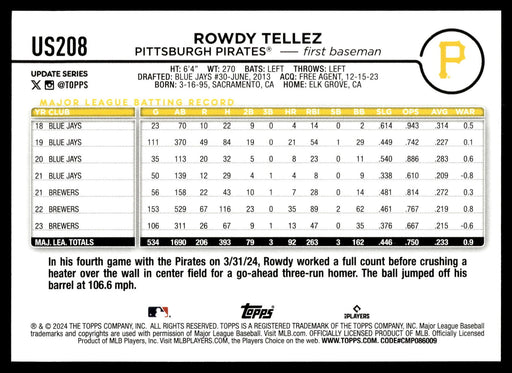 2024 Topps Update #US208 Rowdy Tellez Rainbow Foil