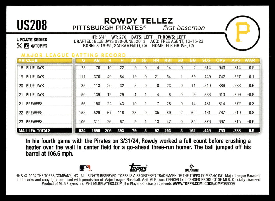 2024 Topps Update #US208 Rowdy Tellez Rainbow Foil