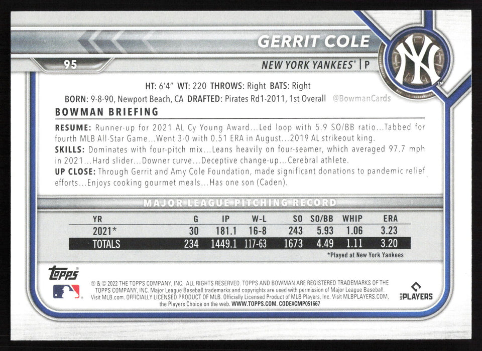 2022 Bowman #95 Gerrit Cole Base